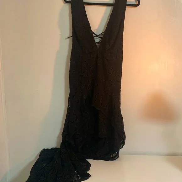 Free People | Dresses | The Deep V Revenge Dress Black Lace Mini From The  Front With Long Tail | Poshmark